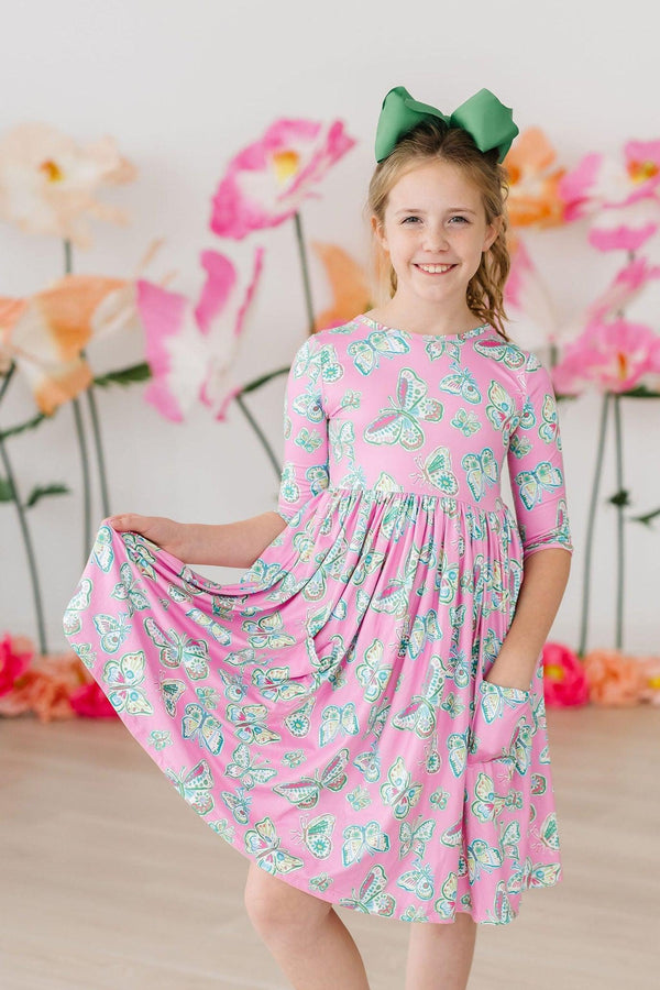 butterfly-garden-3-4-sleeve-pocket-twirl-dress Mila &  Rose - Sophia's Style-Butterfly Garden 3/4 Sleeve Pocket Twirl Dress-6-12M--1